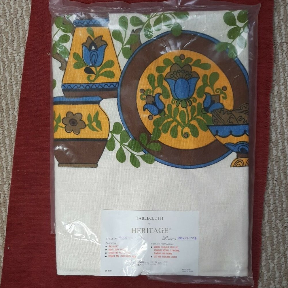 Vintage Mid Century Tablecloth Heritage Rooster Clock 60 x 79" Linen‎ Cotton NWT